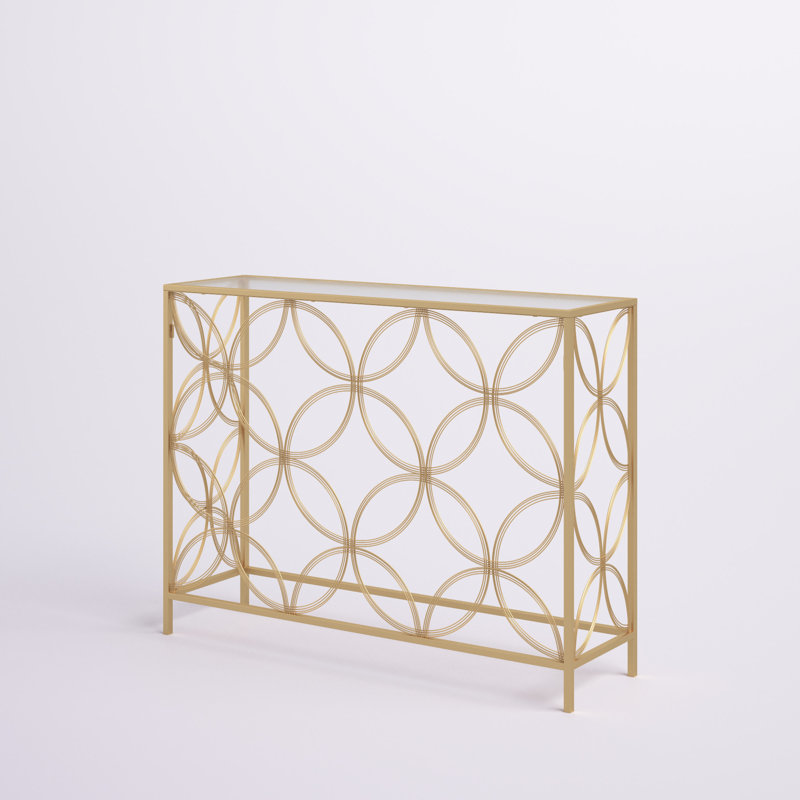 Console de salon à structure géométrique en métal doré avec plateau en quadrilobe et plateau en verre