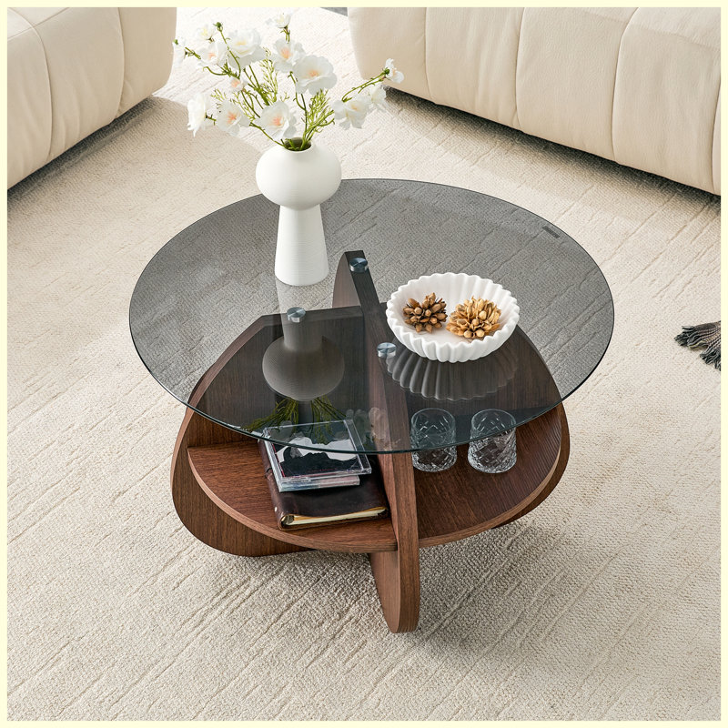 Table basse à structure en croix avec plateau en verre trempé gris et rangement en forme de ventilateur en noyer pour le salon, petits espaces