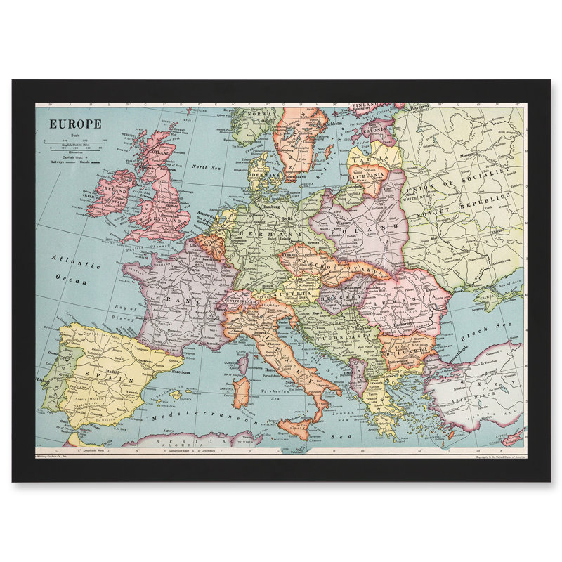 1930 Europe Political Map by Whitney-Graham - Single Picture Frame Print, 33cm H x 44.5cm W x 1.5cm D