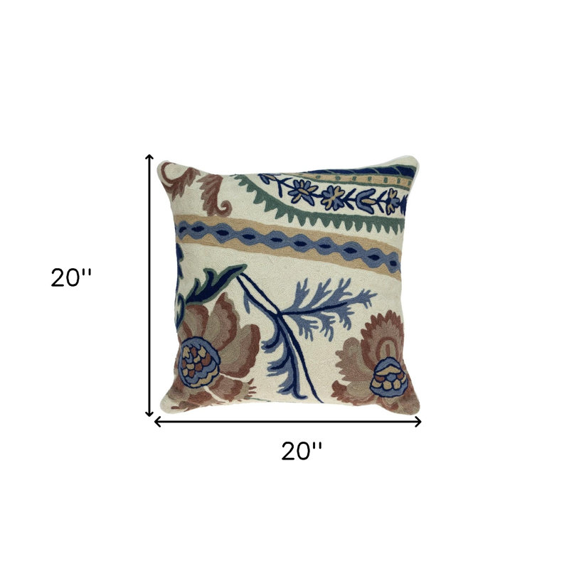 Coussin décoratif en laine 20 po bleu et beige avec broderie