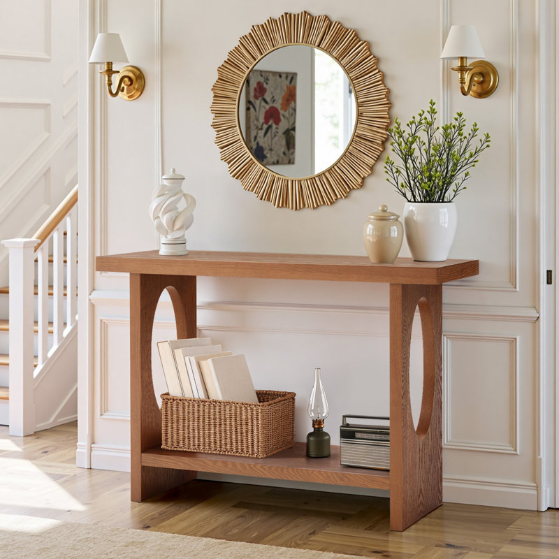 47.2" Rectangle Solid Wood Veneer Console Table with Open Storage, Walnut