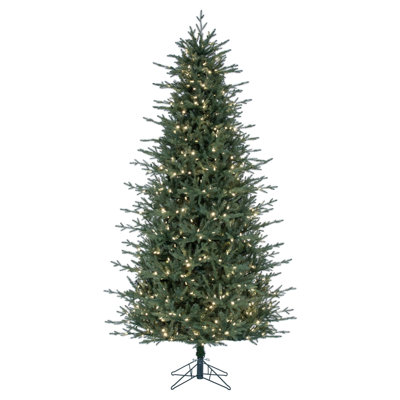  6.5' x 46" Slim Itasca Fraser Fir Artificial Pre-Lit Christmas Tree with 550 Warm White LED Mini Lights, 1428 Realistic PE/PVC Tips, 6' Step On/Off Power Cord and Folding Metal Tree Stand. Assembly is required.