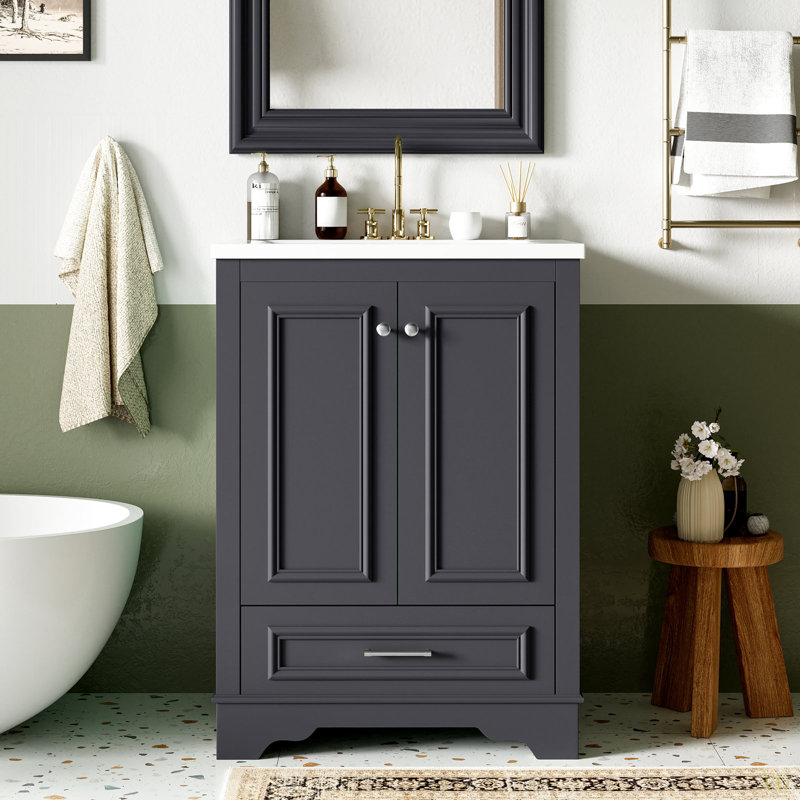 Meuble-lavabo 24 po avec lavabo en céramique, armoire de rangement autoportante moderne avec poignées, portes à fermeture douce