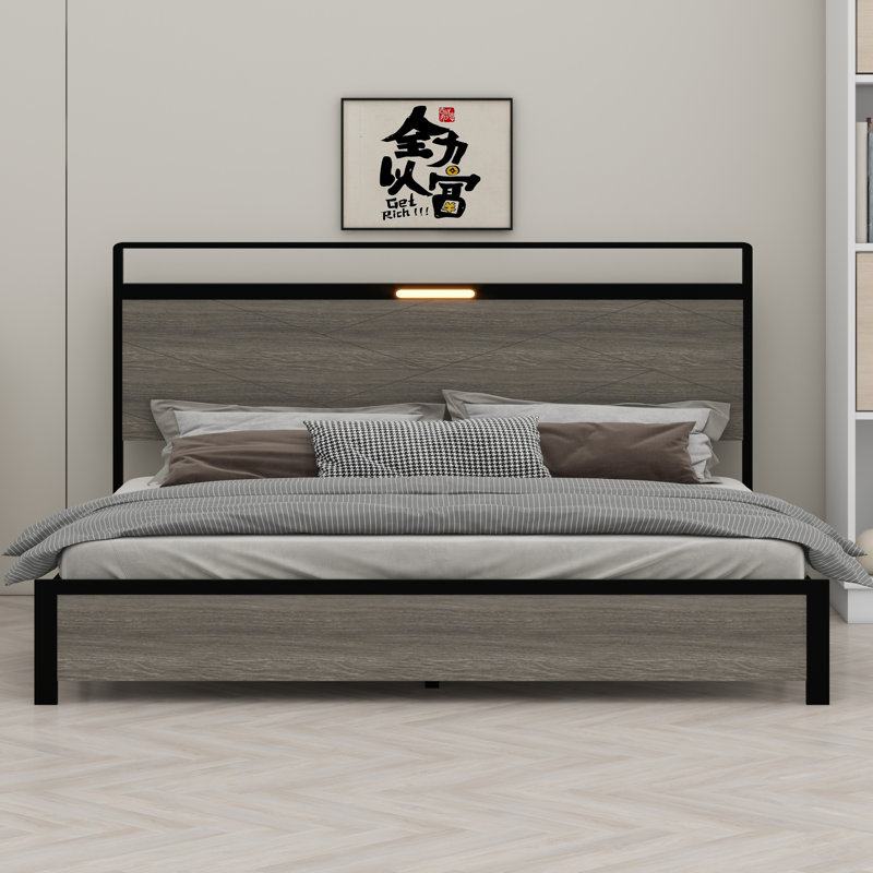 Base de lit plateforme avec tête de lit à DEL avec rangement et 2 USB, grand rangement sous le lit, Très grand lit