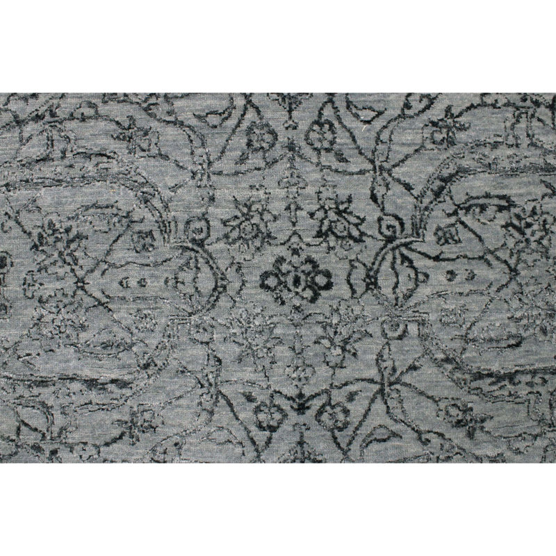 Hand Knotted Damask Area Rug in Charcoal/Blue, Rectangle 8' x 10'