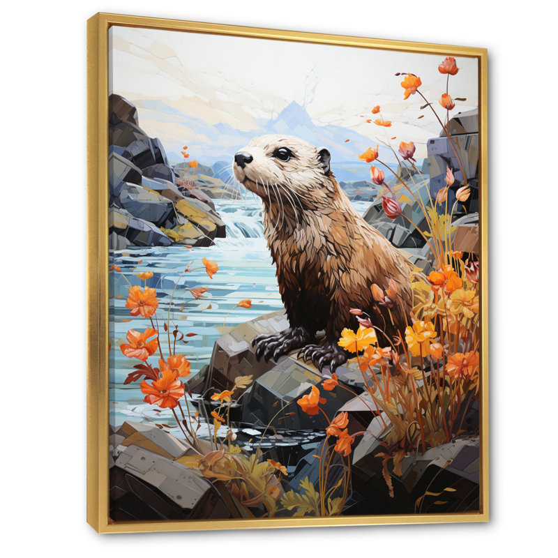 Loutre brune ludique rivière Dweller - imprimé, H 40 po x l 30 po x P 1,5 po, Cadre flottant doré