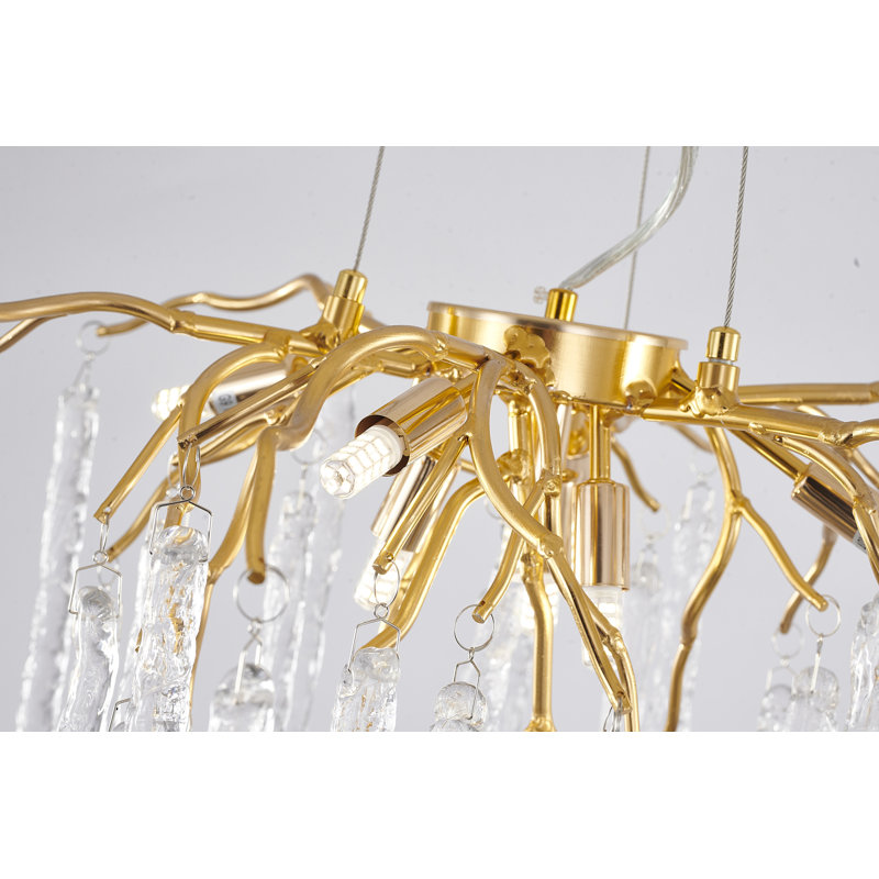10-Light Gold Aluminum Chandelier With Clear Glass Drops