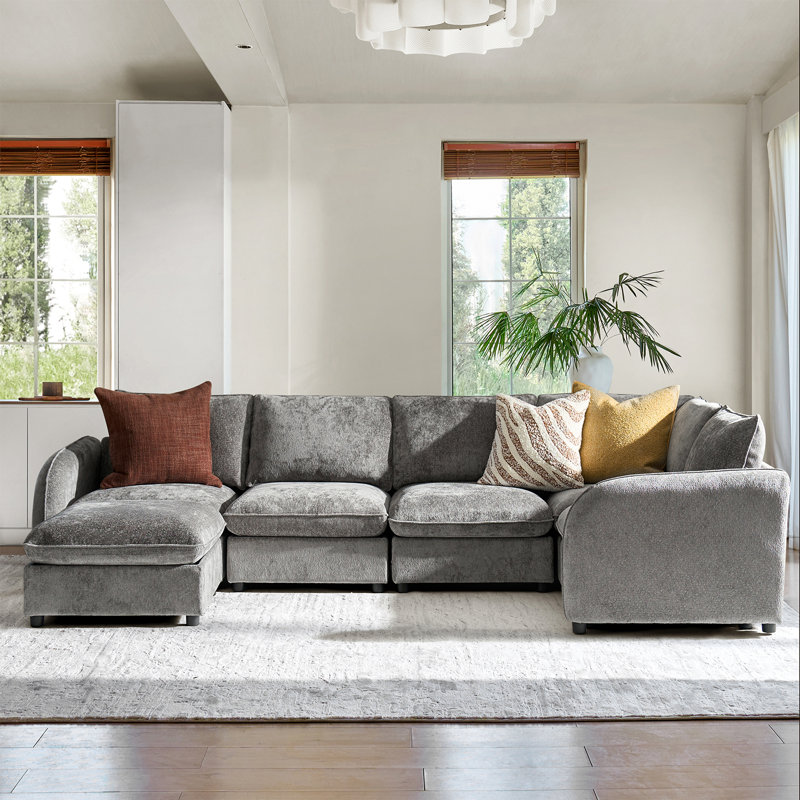 Terencio 132" Modern 6-Piece Storage Sectional Sofa with Hassle-free Assembly, Gray