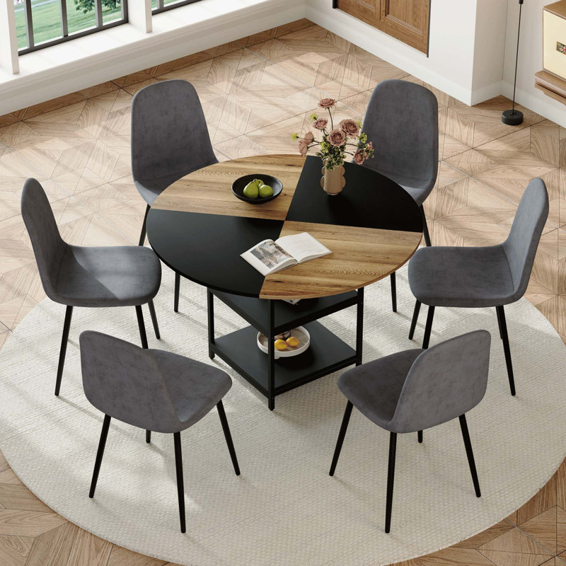 A Ensemble de table de salle à manger circulaire épissure moderne de 47,3 pouces de diamètre - rangement double couche, jumelé à 6 chaises en tissu