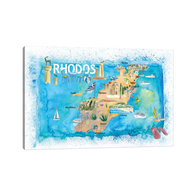 Rhodes Greece Illustrated Map with Landmarks and Highlights 1 Piece Wrapped Canvas Painting