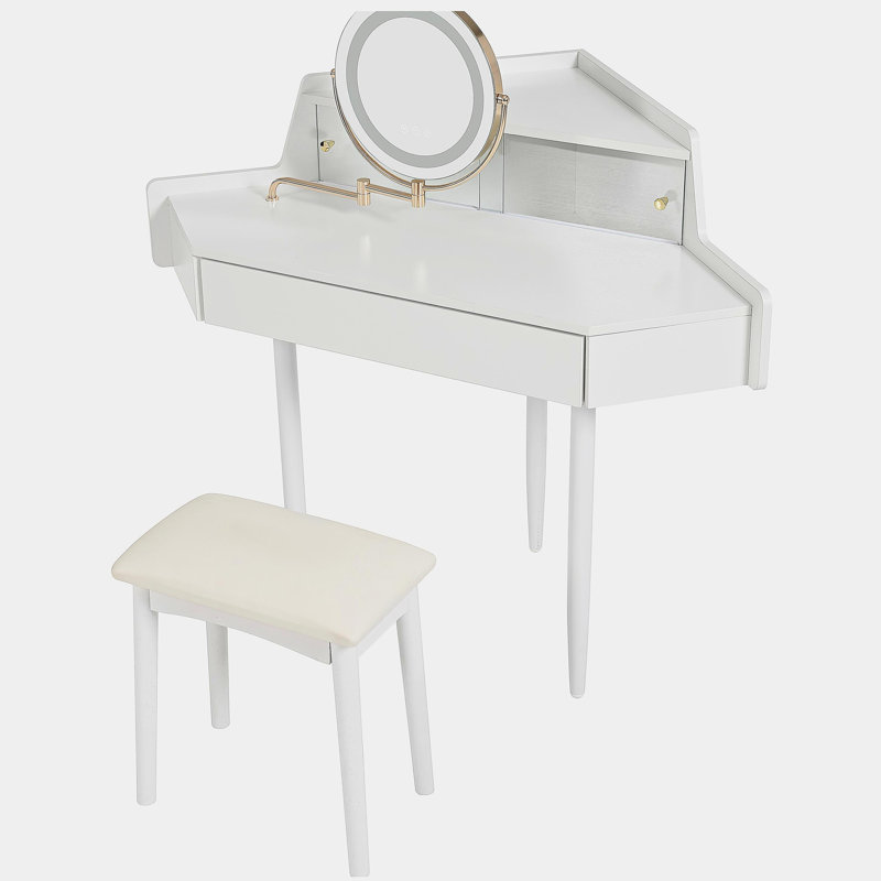 Meuble-lavabo de coin moderne avec grand rangement, miroir DEL et tabouret, luminosité réglable, peu encombrant