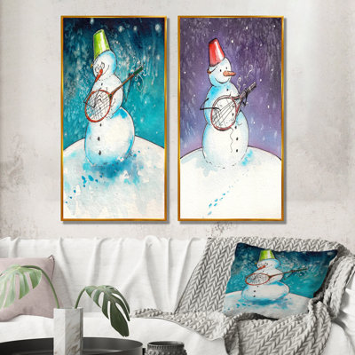 Bonhomme de neige de Noël jouant de la guitare - ensemble de 2 impressions sur toile