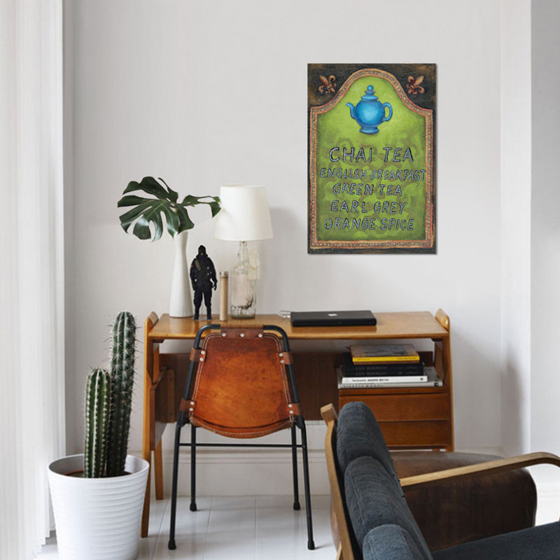 « tea », art textuel sur toile tendue, H 12 po x l 8 po x P 0,75 po, Toile tendue, Pas de tapis
