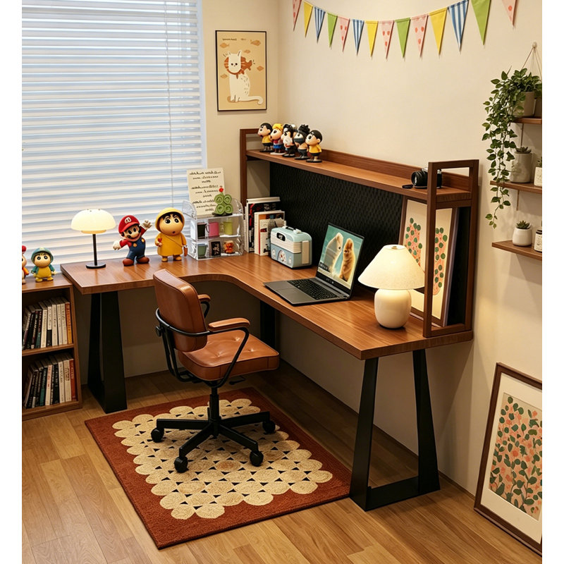 Bureau de coin en L en bois massif rétro avec bureau perforé et bibliothèque, H 29,53 po x l 62,99 po x P 47,24 po