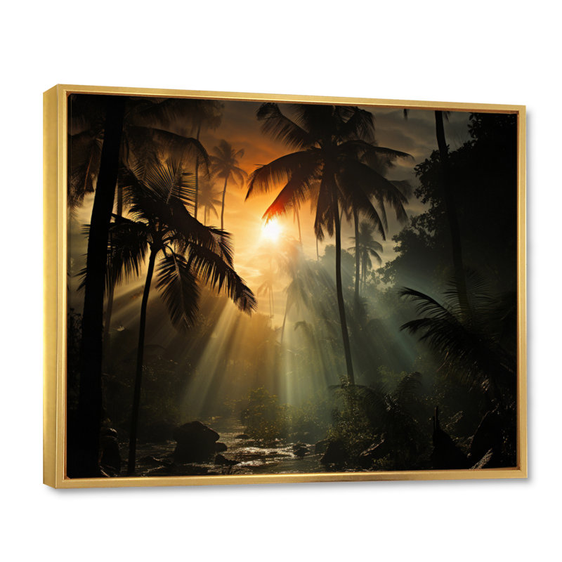 Palmiers Sunsert sur toile, H 12 po x l 20 po x P 1 po, Cadre flottant doré