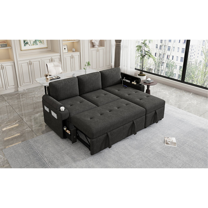 83.5" L-Shaped Sofa Couch Convertible Sofa Bed Sectional Sofa With Ample Storage Space, Two Cup Holders And Two USB Ports For Living Room, Black