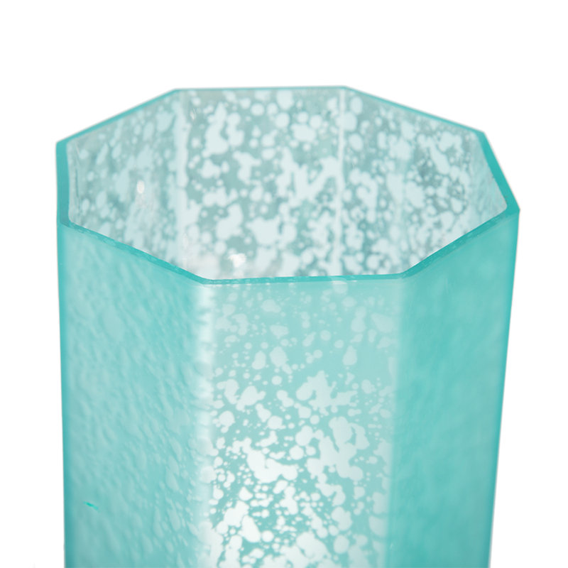 Porte-bougie octogonal en verre au mercure givré turquoise, Turquoise