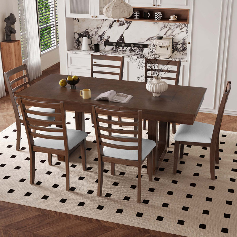 Ensemble de table de salle à manger 7 pièces, table extensible avec rallonge de 18 po et 6 chaises rembourrées, Noyer