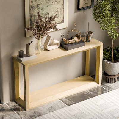 60" Rectangular Solid Wood Veneer Console Table, Wide Sofa Table, Behind Couch Table with Ample Storage for Entryway & Living Room, Oak Wash