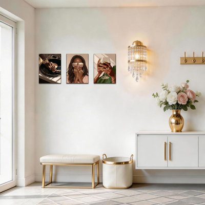 African American Canvas Wall Art, Fashion Afro Cool Girl With Jewelry Canvas Print, Music Record Player Wall Decor For Living Room Bedroom Bathroom Bar - 12X16 Inch X3pcs
