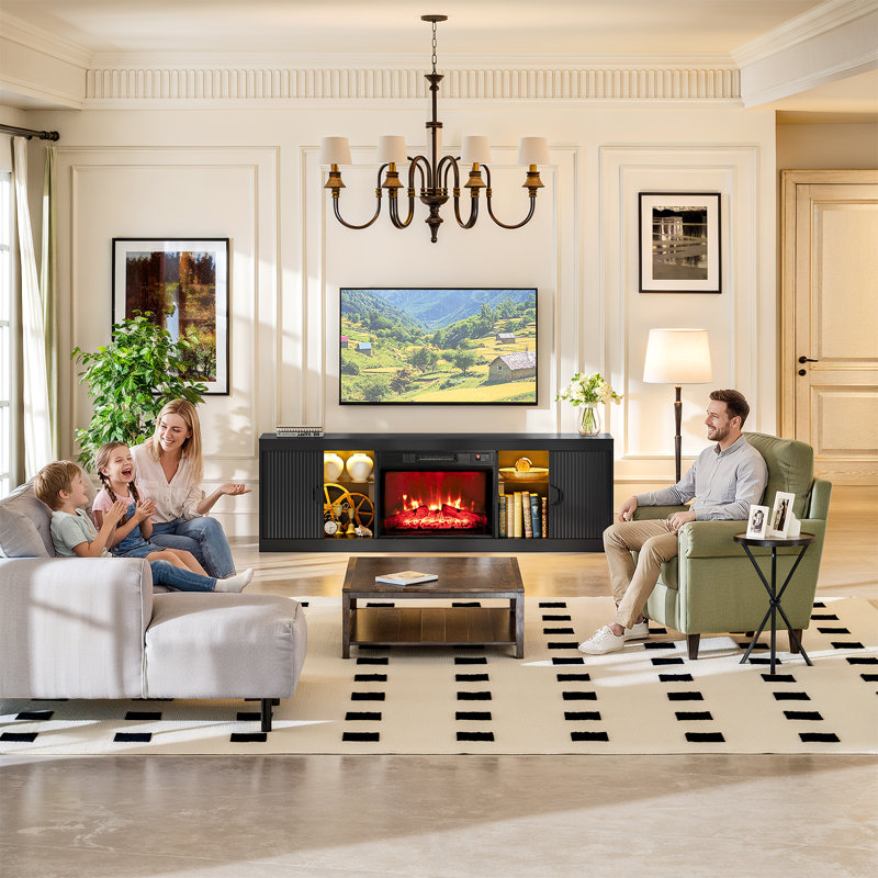 Meuble télé 70 po pour téléviseur de 80 po ou moins avec foyer électrique, armoire à cheminée coulissante moderne avec lumière DEL pour salon, chambre à coucher, centre de divertissement, noir