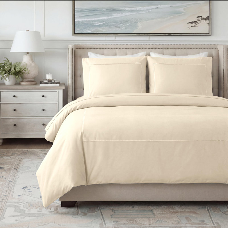 Ensemble de housse de couette en coton certifié égyptien 3 pièces, Housse de couette simple + 1 taie décorative stan, Ivoire
