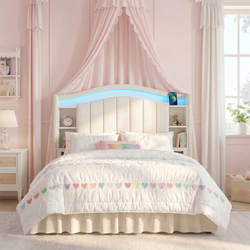 Structure de lit en velours avec tête de lit rabattable, jupe de lit assortie, lumières DEL et station de charge pour la chambre à coucher