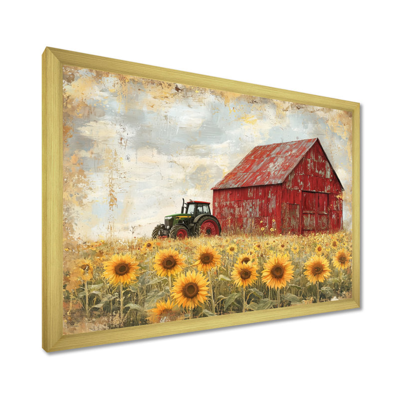 «Doxon Sunflowers And The Tractor Shed III» - Art mural sur toile, tournesols, Reproduction encadrée d'une seule photo, Doré