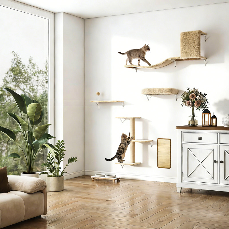 5-piece Wall Mounted Cat Furniture With Cat Tree & Scratching Post(Beige), Beige