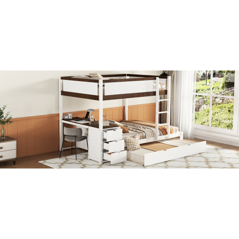 Lit superposé blanc + noyer avec bureau, rangement, lit gigogne simple et lit de taille Chargers, rangement de bureau blanc + noyer Charisma