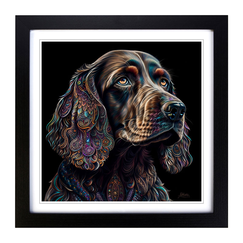 Cocker Spaniel Paisley Art No.1 - Single Picture Frame Print on Wood, Black