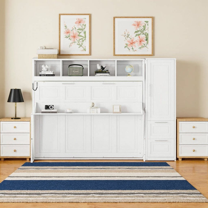 Lit escamotable double pleine grandeur avec placard et tiroirs | Conception d'armoire peu encombrante | Blanc ou gris