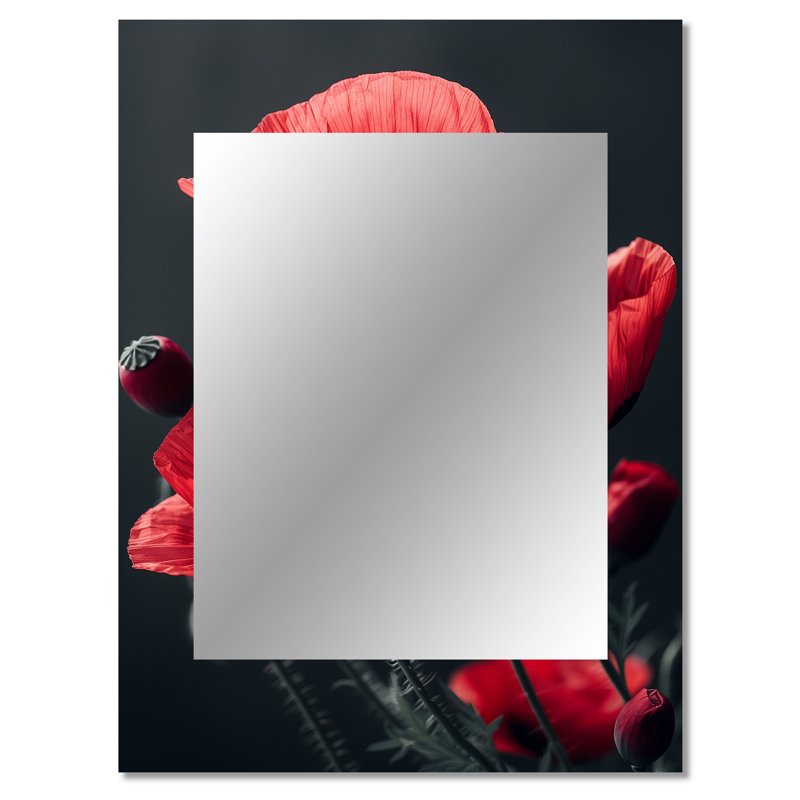 Rouge, noir, coquelicots, charme monochrome I - coquelicots, décor de miroir mural, 40 po x 30 po