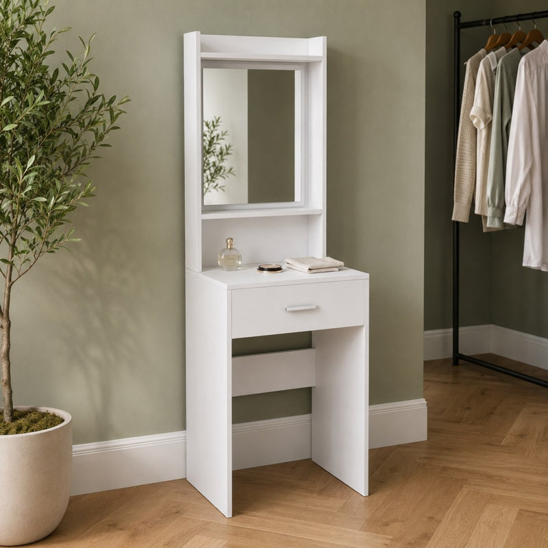 White Dressing Table with Mirror Drawer and Padded Stool Vanity Set, Without Stool