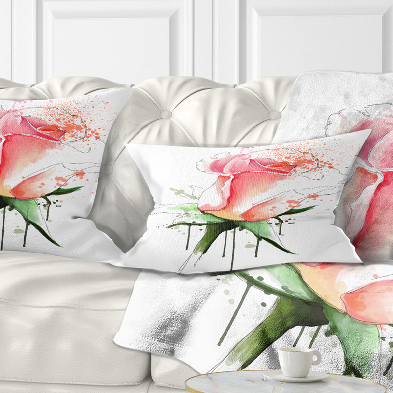 Croquis rose rose avec calice vert - coussin décoratif imprimé floral, Rectangle, 12 po x 20 po