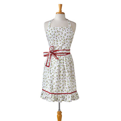 Winter Berries Ruffle Apron White Cotton Christmas