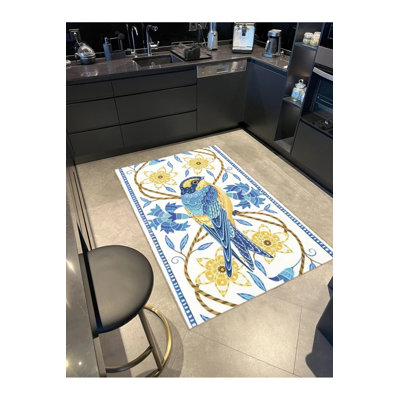 Yellow Blue Themed Flower And Swallow Bird Patterned Vintage Decorative Carpet