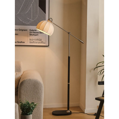 French Mid-Century Vintage Solid Wood, Fabric and Wrought Iron Floor Lamp