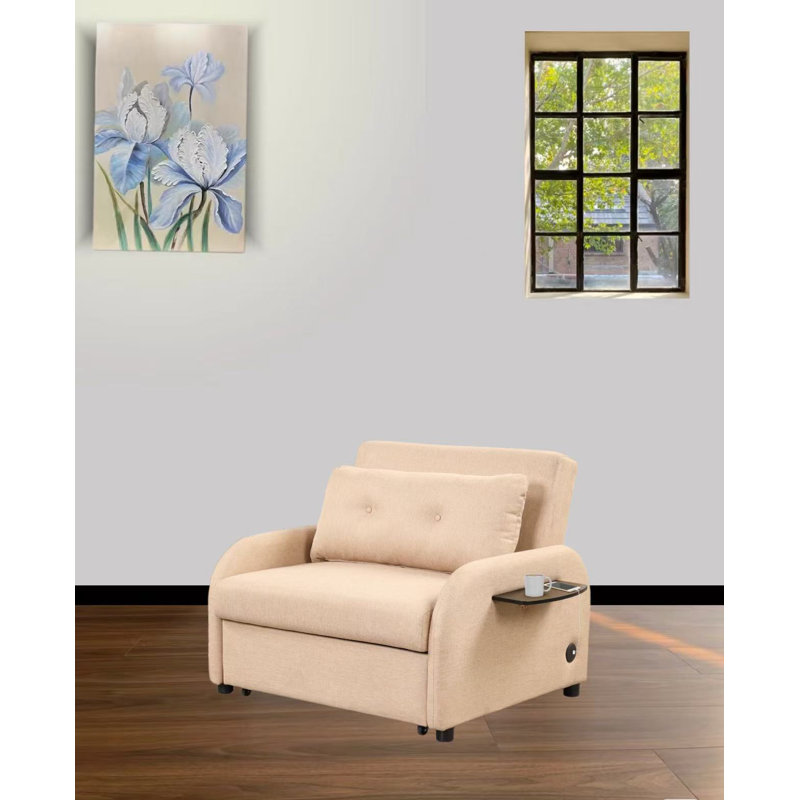 Pull Out Sofa Sleeper 3 In 1 With 2Wing Table And Usb Charge For Living Room, Recreation Room,, Beige