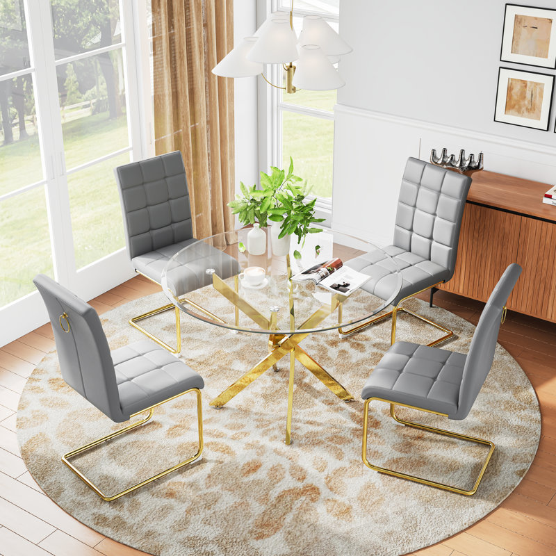 5 - Piece Glass Top Dining Set (set Of 5), Gold, Gray/Gold