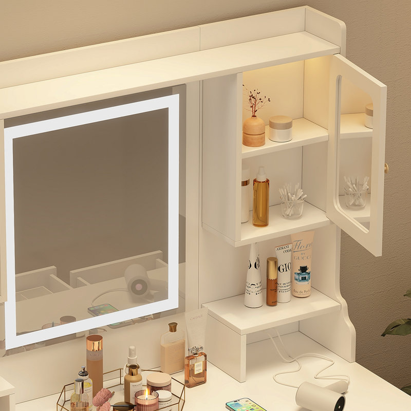 Grande coiffeuse avec miroir, 6 tiroirs et tablettes, bureau de commode