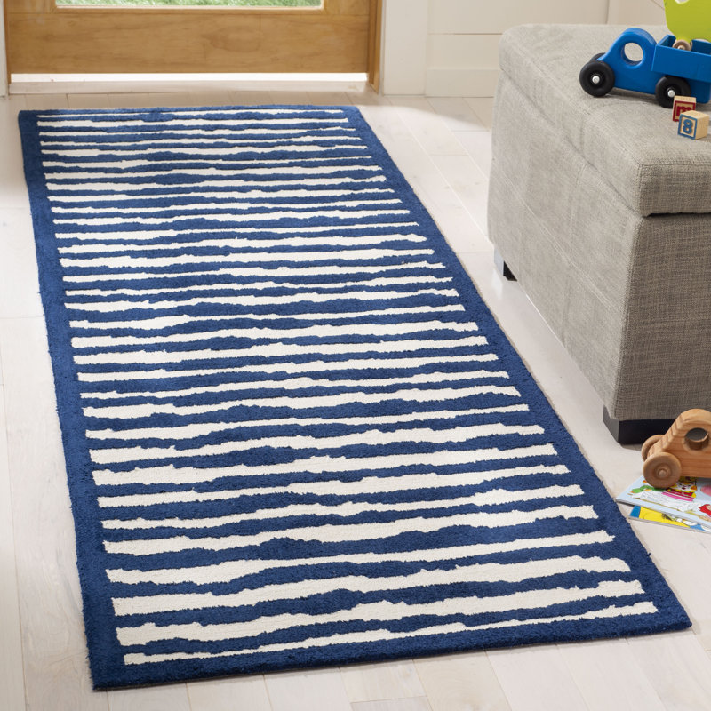 Tapis ivoire / bleu en coton touffeté à la main Fairchild, Tapis de couloir 2 pi 3 po x 7 pi