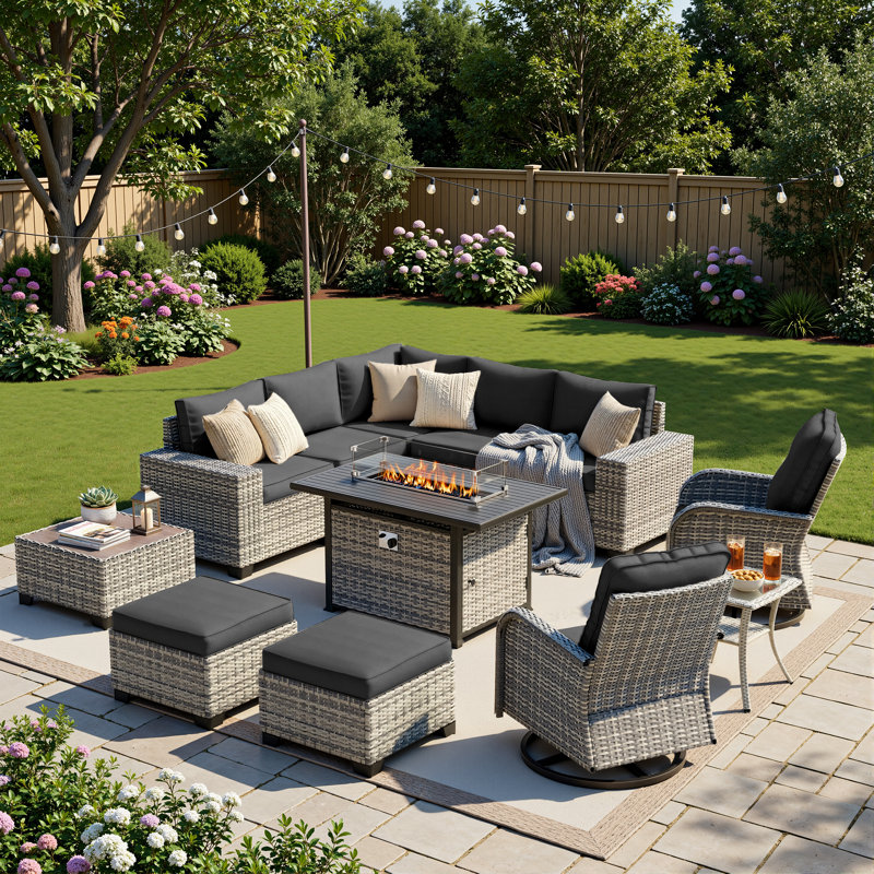 12-Piece Outdoor Modular Sectional Patio Conversation Set With Fire Pit Table, Swivel Rocker Chairs & Ottomans, Black