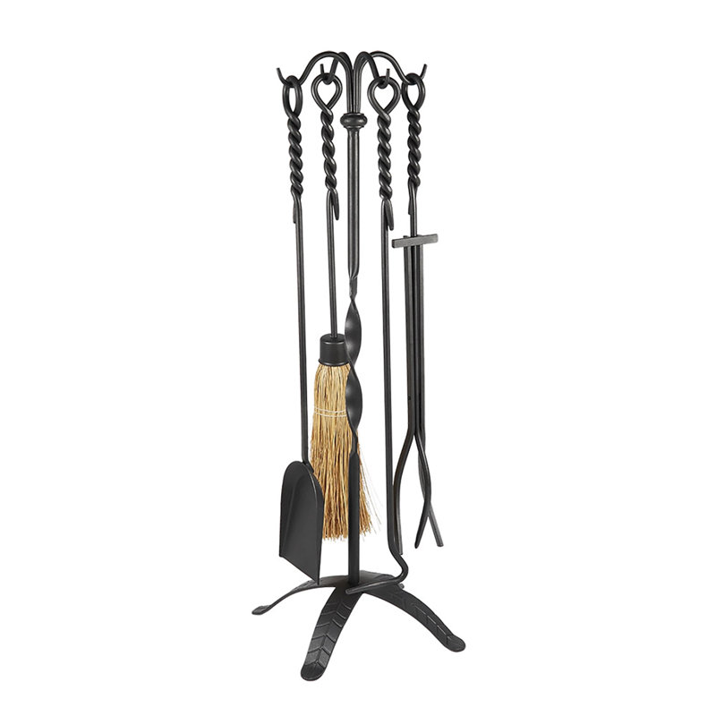 Dagan Black Wrought Iron 5-Piece Fireplace Tool Set with Twist Handles