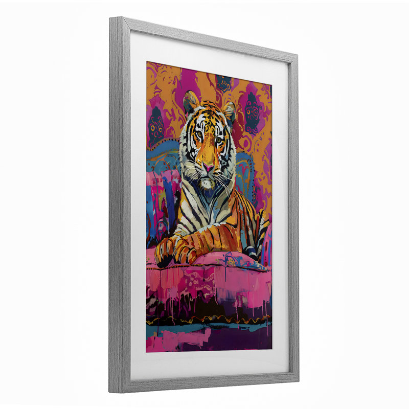 «Lounging Tiger» sur fond rose encadré sous verre, design par LSR Design Studio, Cadre de ferme gris, H 23 po x l 17 po