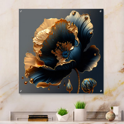 Art mural acrylique floral pour salon bleu profond et doré IV