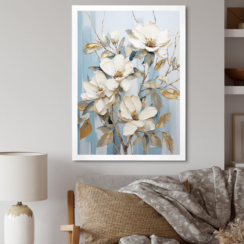 Harmonie de fleurs blanches et dorées sur toile magnolia, Cadre photo blanc, H 32 po x l 24 po x P 1 po