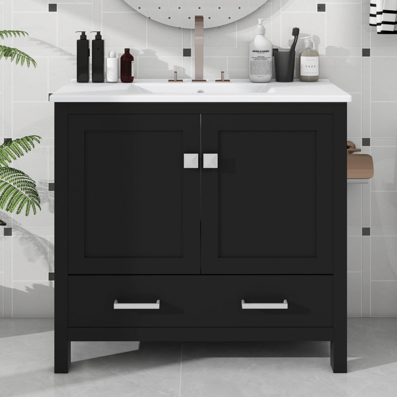 Ensemble de meuble-lavabo élégant avec lavabos en céramique et tiroirs cloisonnés, Ensemble central de 4 po, 36", Noir