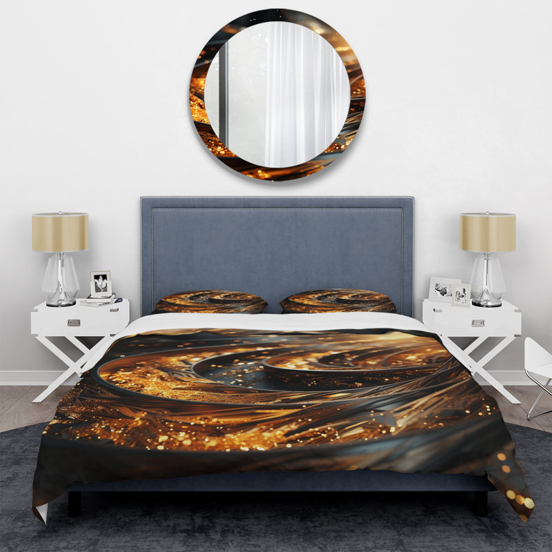 Bright Gold Black Spiral I - Abstract Spirals Duvet Cover Set, Twin Duvet Cover + 1 Standard Sham