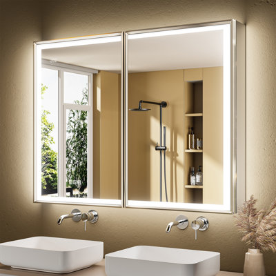 Svenn Recessed Lighted Medicine Cabinet With Mirror, 3 Adjustable Shelves, Beveled Design, Defogger, Outlets & Usbs